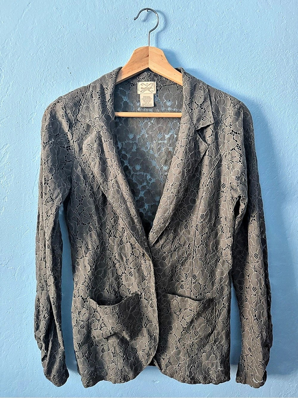 eyelash couture Women's Cotton Blend Lace Boho Blazer Gray & Black Medium
